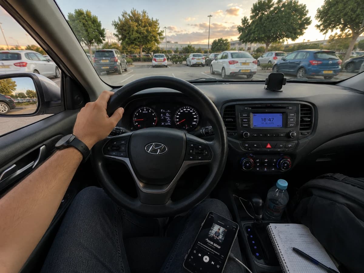 A person sitting in a parked car at the end of the day, feeling mental load